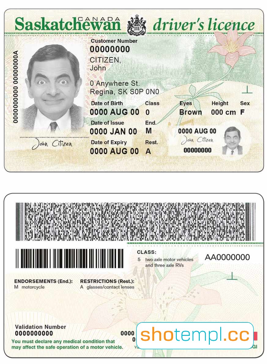 Canada Saskatchewan Driver License PSD Template